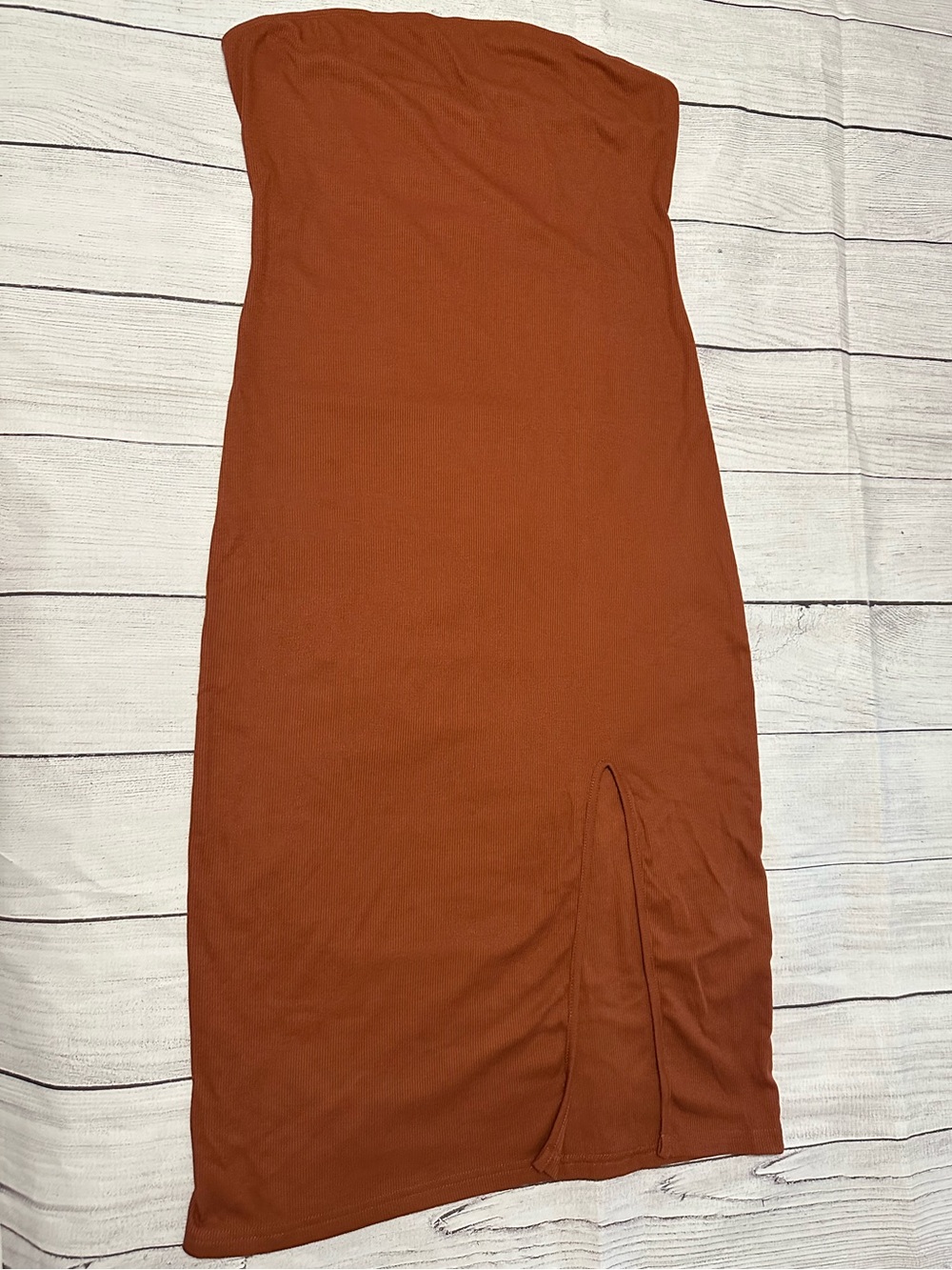 Strapless Rust Bodycon Dress with Front Slit
